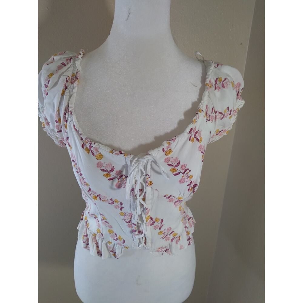 Vintage Cropped Corset Top White Floral Smock Back Sz M Y2k Fairy Beach Festival